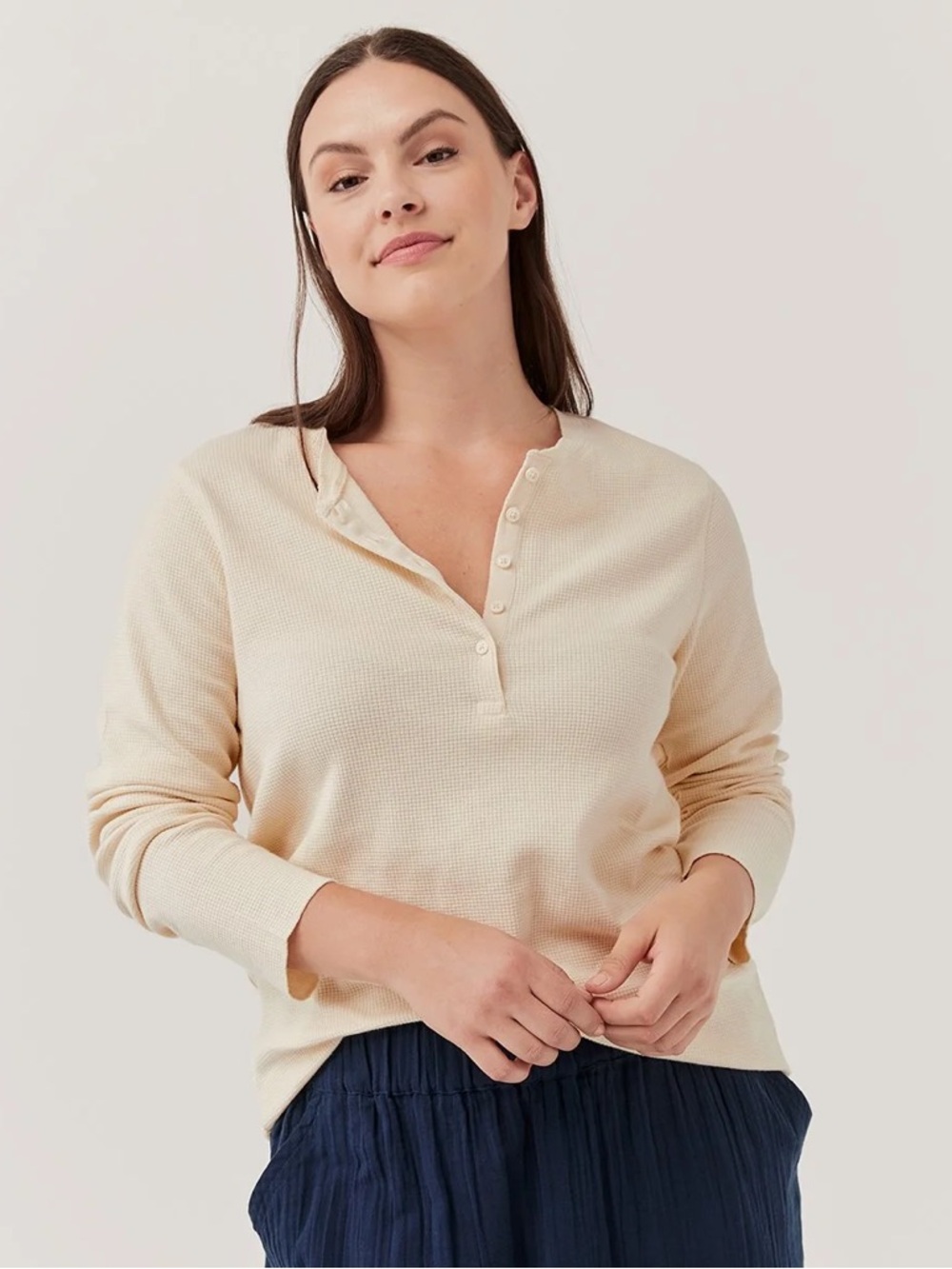 Pact Organic Cotton Waffle Knit Henley Top Beige Size M Sustainable Gorpcore